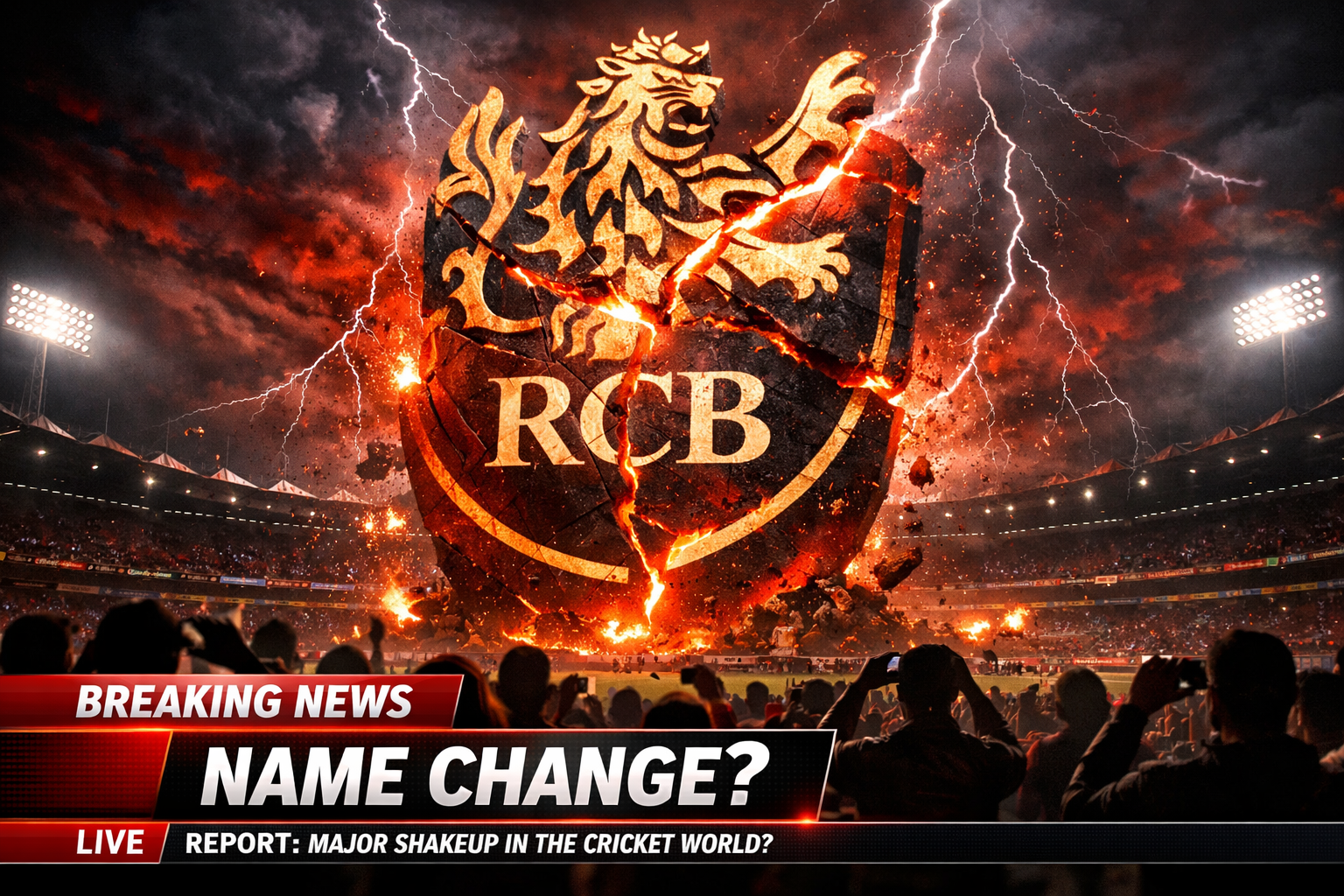 RCB ಹೆಸರು ಬದಲಾವಣೆ ಕುರಿತು ಬ್ರೇಕಿಂಗ್ ನ್ಯೂಸ್ ದೃಶ್ಯ, ಕ್ರಿಕೆಟ್ ಸ್ಟೇಡಿಯಂನಲ್ಲಿ ಒಡೆದು ಹೋಗುತ್ತಿರುವ RCB ಲೋಗೋ