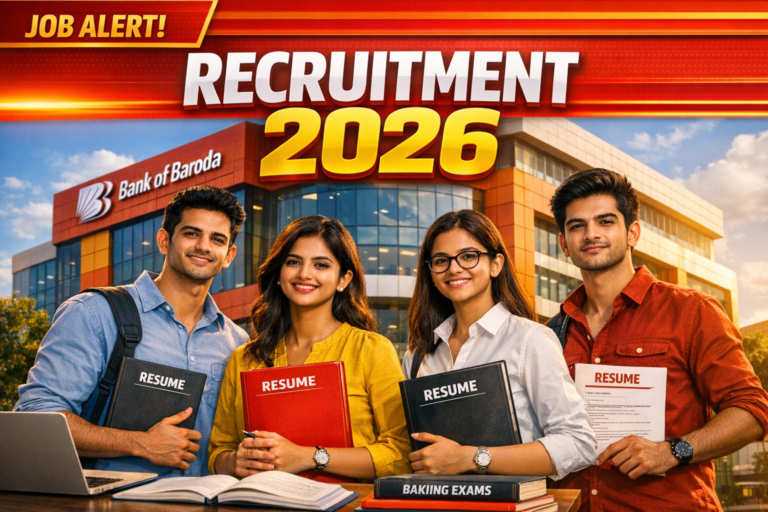 “Bank of Baroda Recruitment 2026 job alert banner with bank building, 104 vacancies notification and candidates applying online”