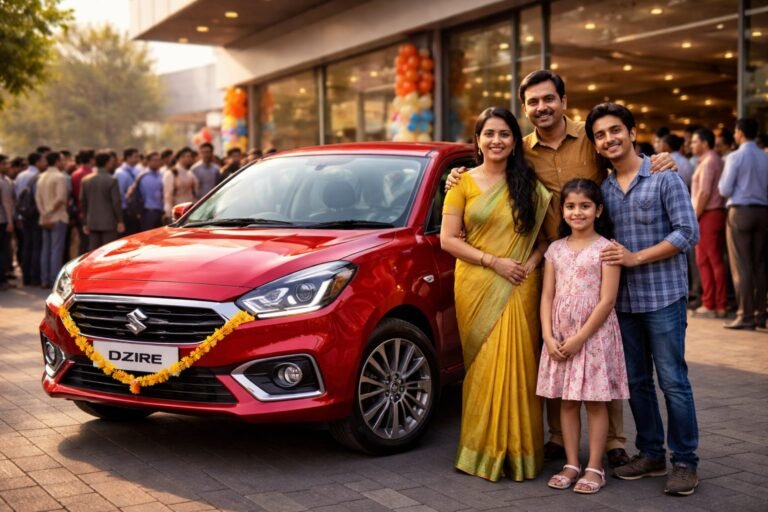 Maruti Suzuki Dzire sales Kannada best selling sedan car with modern design and high mileage parked on Indian road