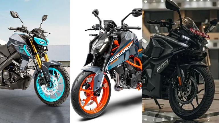 “Yamaha MT15 vs KTM Duke 390 vs Bajaj Pulsar RS200 sports bikes comparison”