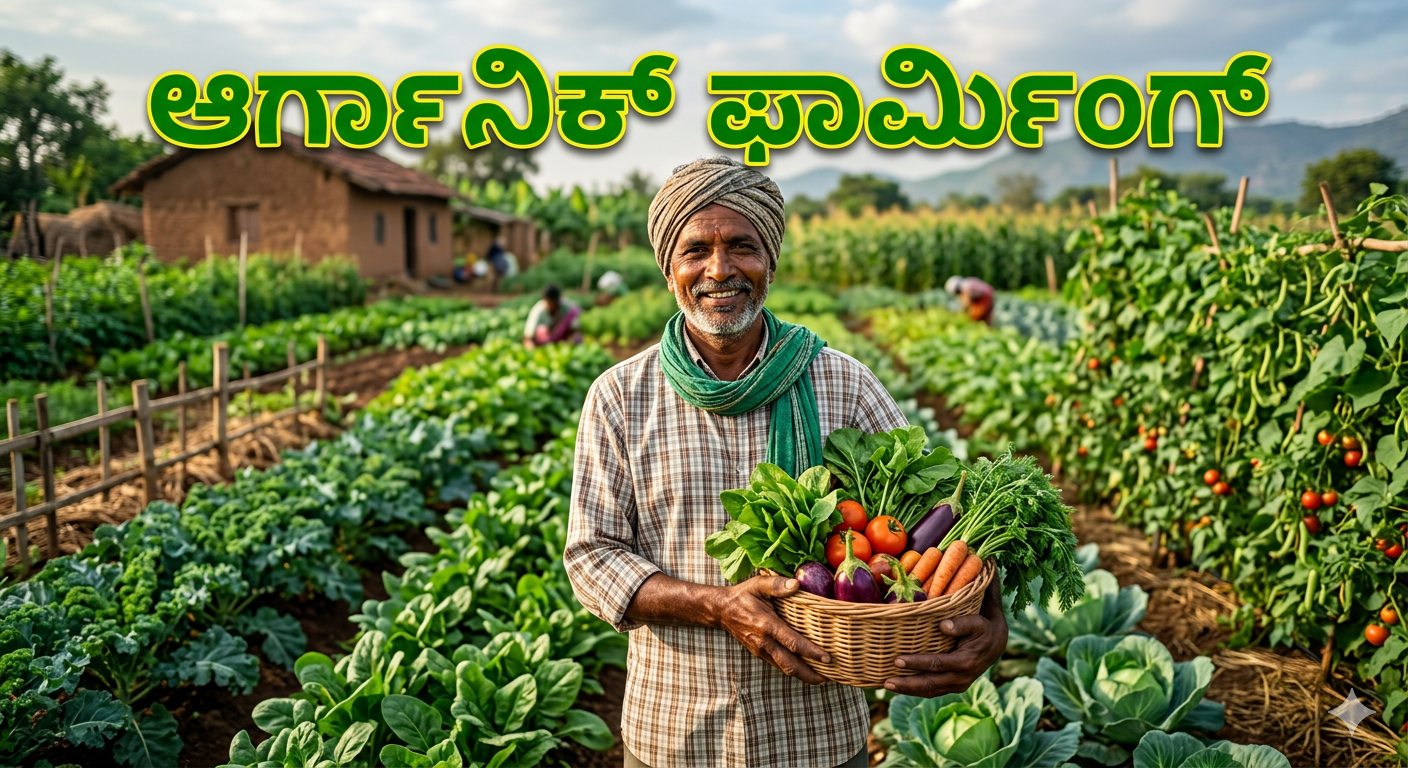 Organic Farming Kannada ರೈತನು ತಾಜಾ ತರಕಾರಿಗಳೊಂದಿಗೆ ಹಸಿರು ತೋಟದಲ್ಲಿ