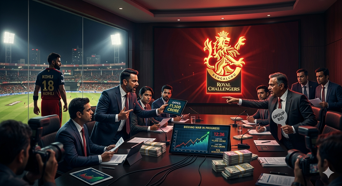 RCB Franchise Sale 2026: Virat Kohli ಜೊತೆ ರಾಯಲ್ ಚಾಲೆಂಜರ್ಸ್ ಬೆಂಗಳೂರು ತಂಡದ ಲೋಗೋ ಮತ್ತು ಹೊಸ ಮಾಲೀಕರಿಗಾಗಿ ನಡೆಯುತ್ತಿರುವ $2 ಬಿಲಿಯನ್ ಬಿಡ್ ರೇಸ್