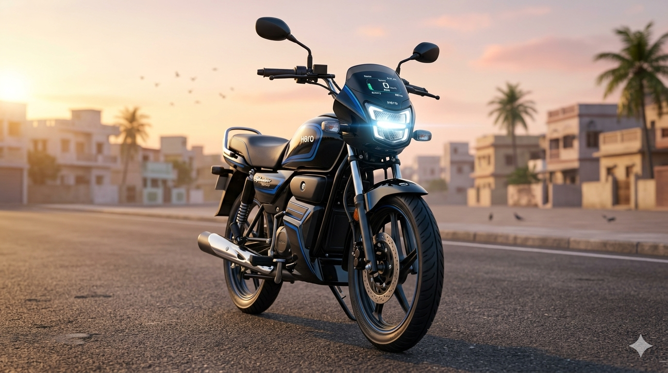 Hero Splendor Electric Bike 2026 with LED headlight and digital display parked on Indian road showing modern EV design