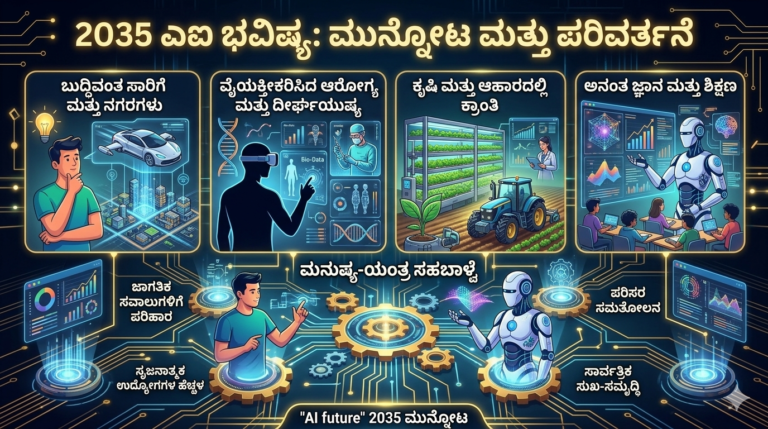 “AI ನಮ್ಮ ಜೀವನ ಹೇಗೆ ಬದಲಾಯಿಸುತ್ತದೆ ಎಂಬುದನ್ನು ತೋರಿಸುವ modern Kannada infographic feature image”