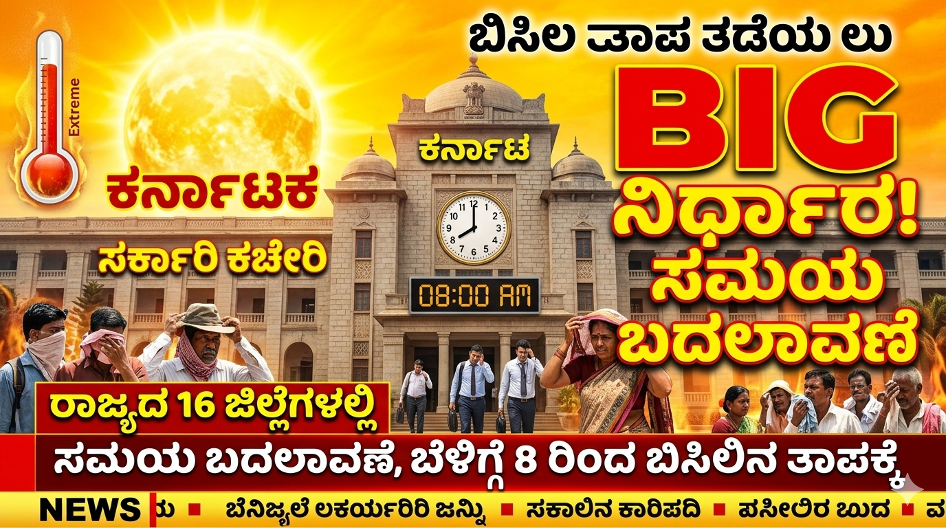 ಕರ್ನಾಟಕ ಸರ್ಕಾರಿ ಕಚೇರಿ ಸಮಯ ಬದಲಾವಣೆ 2026 – ಬಿಸಿಲಿನ ತಾಪಮಾನ ಹಿನ್ನೆಲೆ ಬೆಳಗ್ಗೆ 8 ರಿಂದ ಮಧ್ಯಾಹ್ನ 1:30ರವರೆಗೆ ಹೊಸ ವೇಳಾಪಟ್ಟಿ ಇನ್‌ಫೋಗ್ರಾಫಿಕ್