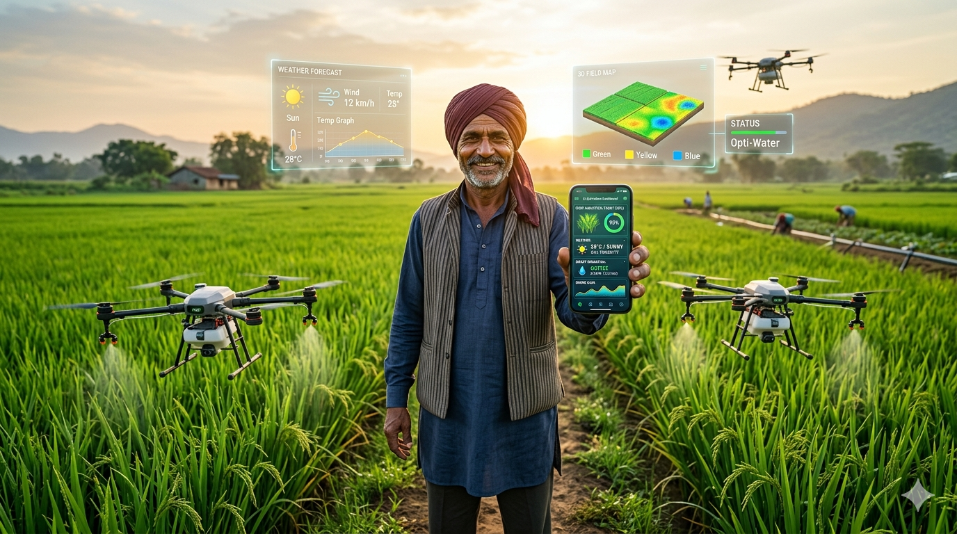 2026ರಲ್ಲಿ AI ತಂತ್ರಜ್ಞಾನ ಬಳಸಿ ಡ್ರೋನ್, ಸ್ಮಾರ್ಟ್ ಸೆನ್ಸರ್ ಮತ್ತು ಮೊಬೈಲ್ ಅಪ್ಲಿಕೇಶನ್ ಮೂಲಕ ಬೆಳೆ ನಿರ್ವಹಣೆ ಮಾಡುತ್ತಿರುವ ಭಾರತೀಯ ರೈತ