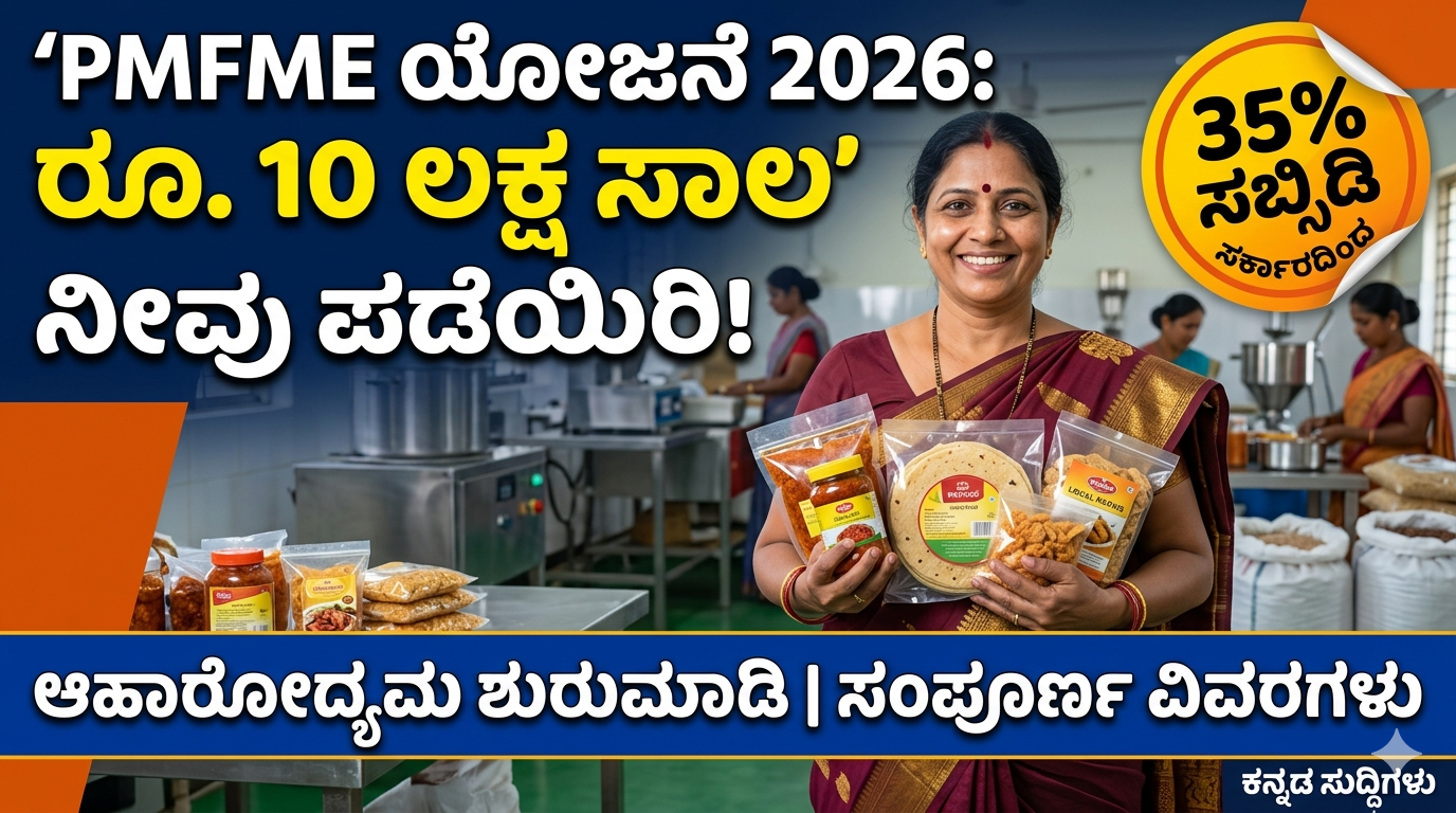 PMFME ಯೋಜನೆ 2026 ಅಡಿಯಲ್ಲಿ ಆಹಾರ ಸಂಸ್ಕರಣಾ ಉದ್ಯಮಿಗಳಿಗೆ 35% ಸಬ್ಸಿಡಿ ಮತ್ತು ₹10 ಲಕ್ಷ ಸಾಲ ಸೌಲಭ್ಯ