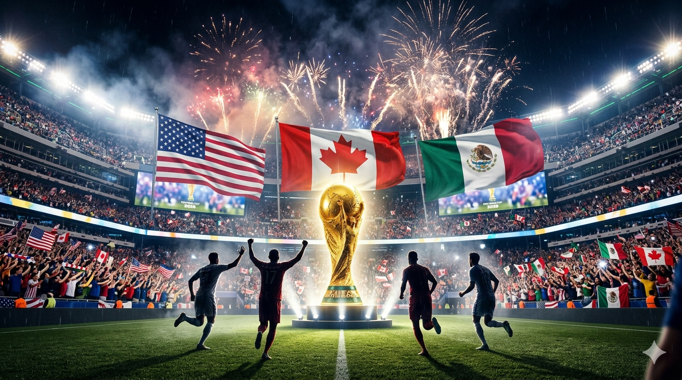 FIFA World Cup 2026 championship trophy under stadium lights with thousands of football fans celebrating